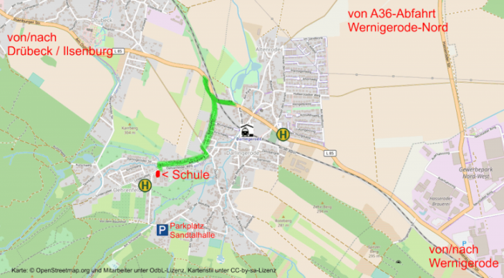 Anfahrtsbeschreibung: Abfahrt A36 Wernigerode-Nord, Richtung Schierke, in Darlingerode am Bahn&uuml;bergang in die Ortsmitte (gr&uuml;ne Linie). &copy; Karte Openstreetmap und Mitwirkende unter OdbL, Kartenstil unter CC-by-sa-Lizenz