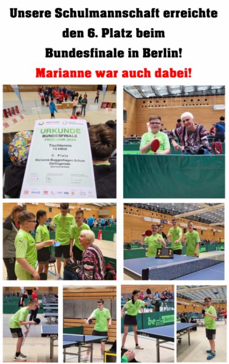 mehrere Bilder mit der Urkunde vom Bundesfinale, sowie mehreren Bildern mit der Tischtennismannschaft an der Tischtennisplatte oder mit Marianne Buggenhagen.