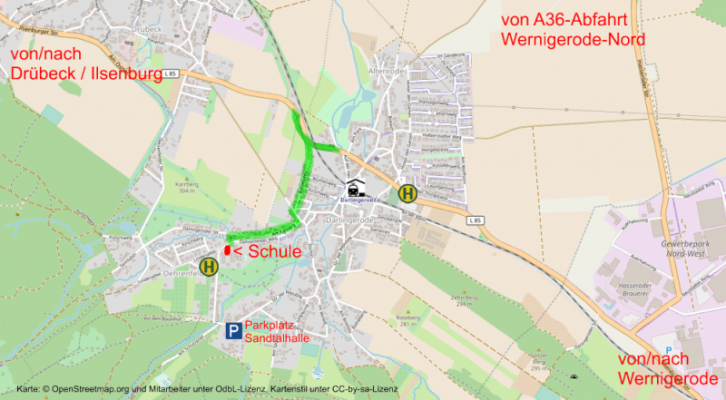 Anfahrtsbeschreibung: Abfahrt A36 Wernigerode-Nord, Richtung Schierke, in Darlingerode am Bahnübergang in die Ortsmitte (grüne Linie). © Karte Openstreetmap und Mitwirkende unter OdbL, Kartenstil unter CC-by-sa-Lizenz